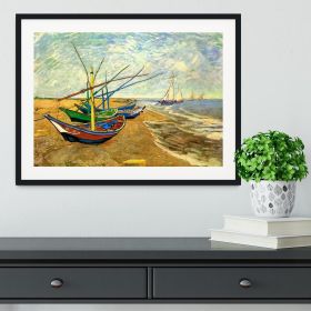 Fishing Boats On The Beach At Saintes-Maries By Van Gogh Framed Print (Color: Black, size: 48" x 32" / 120cm x 80cm (approx))