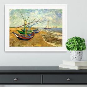 Fishing Boats On The Beach At Saintes-Maries By Van Gogh Framed Print (Color: White, size: 18" x 12" / 48cm x 30cm (approx))