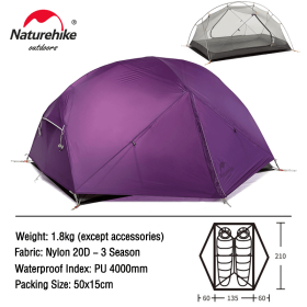 Naturehike Mongar Tent 2 Person Ultralight Travel Tent Double Layer Waterproof Tent Backpacking Tent Outdoor Hiking Camping Tent (Color: 20D - Purple)